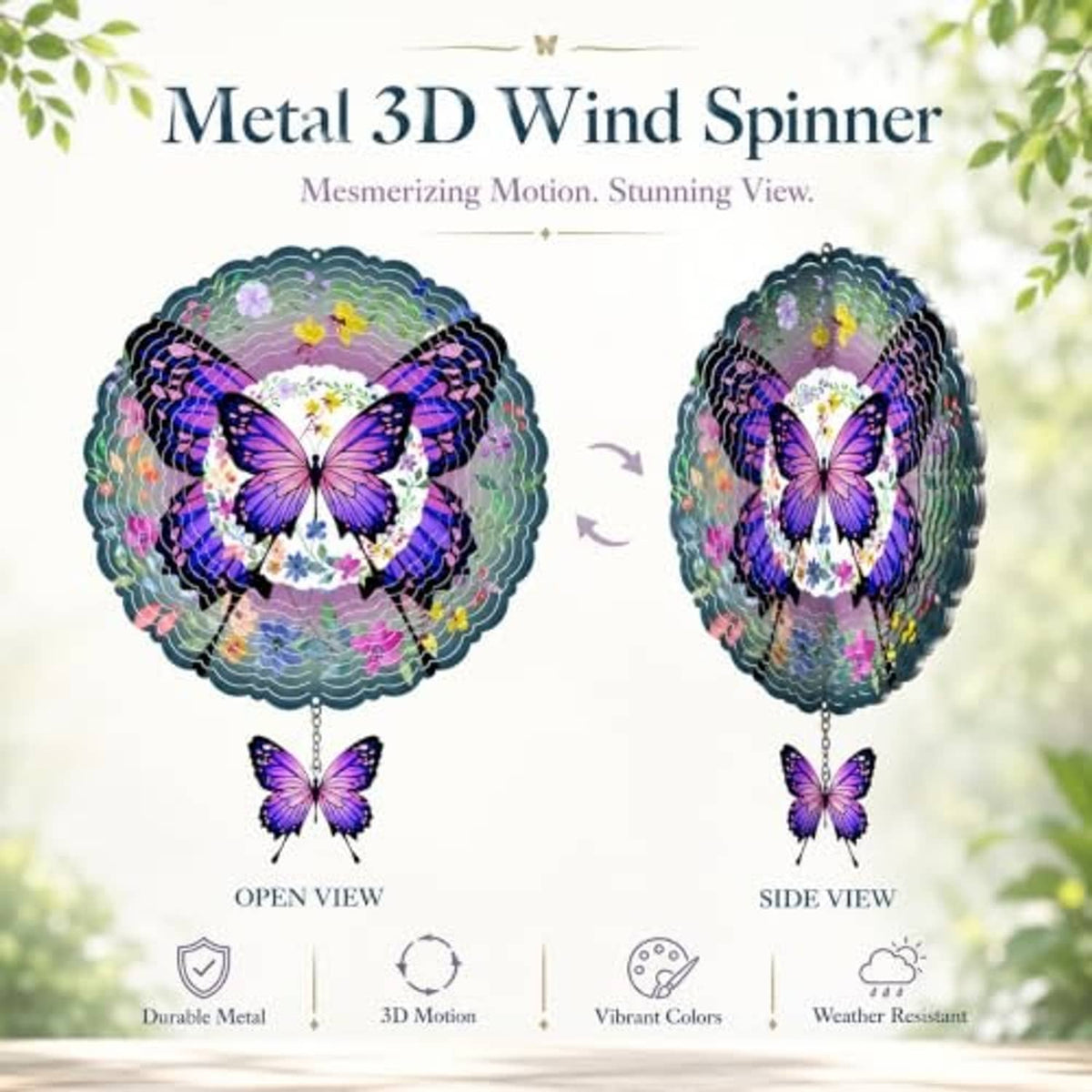 3D metal wind spinner with purple butterfly center and hanging charm, shown from front and side