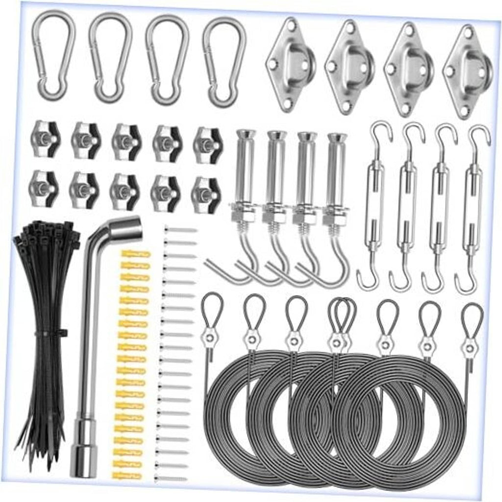 Sun shade sail hardware kit with eye hooks, cable, clamps, and mounting accessories
