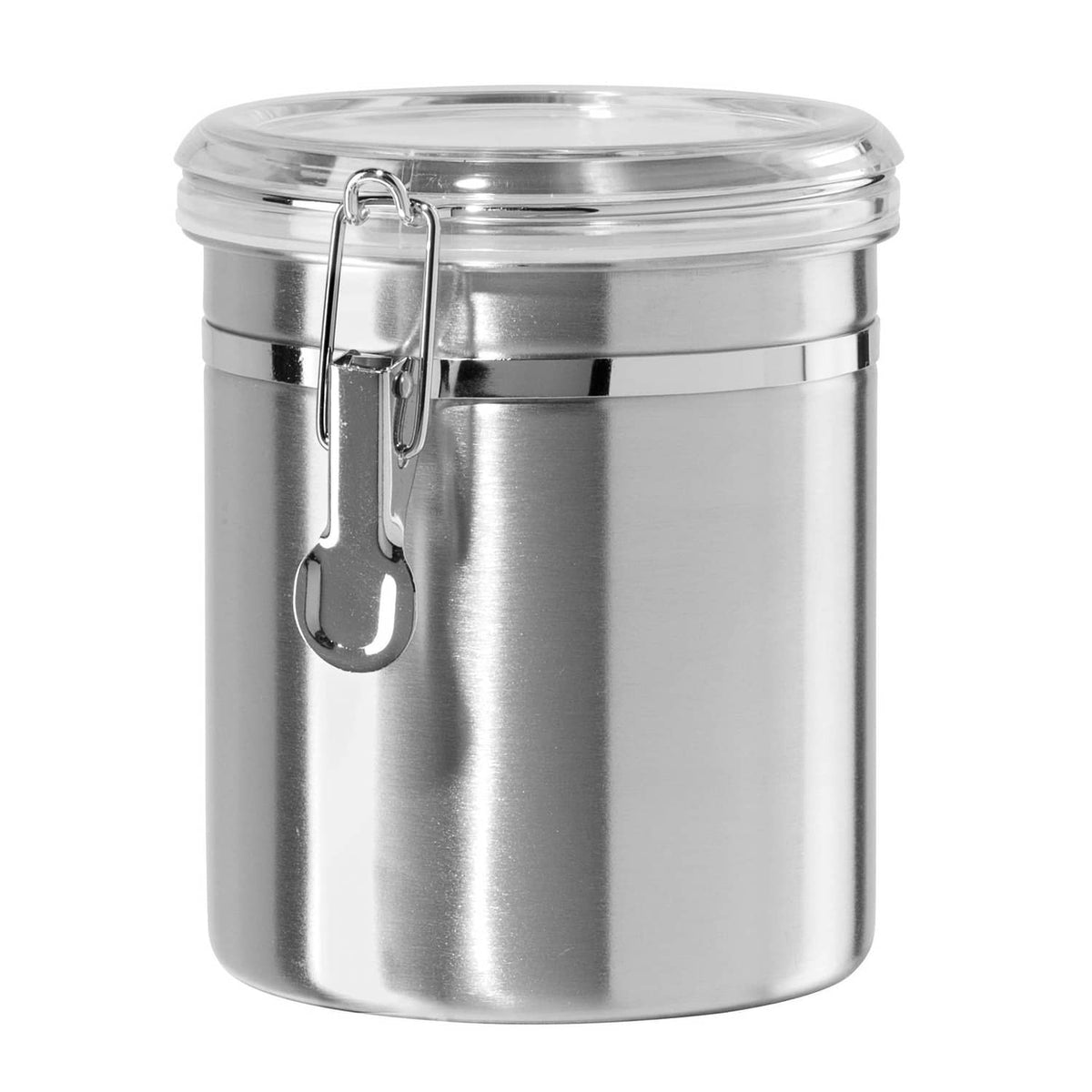 Stainless steel airtight food storage canister with clear clamp lid and hinge latch