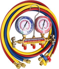 HVAC manifold set with two pressure gauges and brass fittings, red/blue/yellow hoses