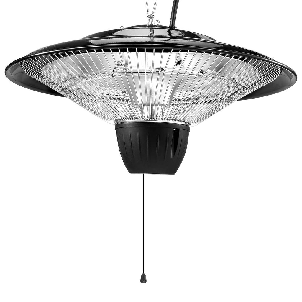 Black infrared outdoor heater with protective grill and hanging cord, underside view
