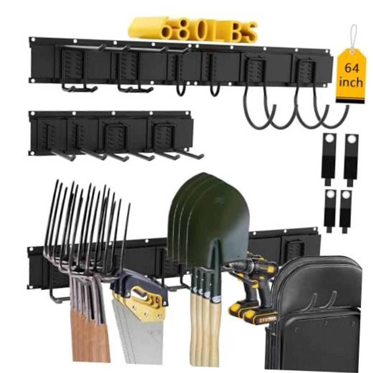 64-inch garage wall tool organizer rack with black hooks and accessory holders