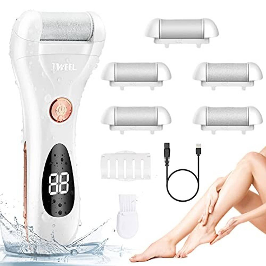 Electric foot callus remover kit with main unit, multiple roller heads, cord, and cleaning brush