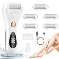 Electric foot callus remover kit with main unit, multiple roller heads, cord, and cleaning brush