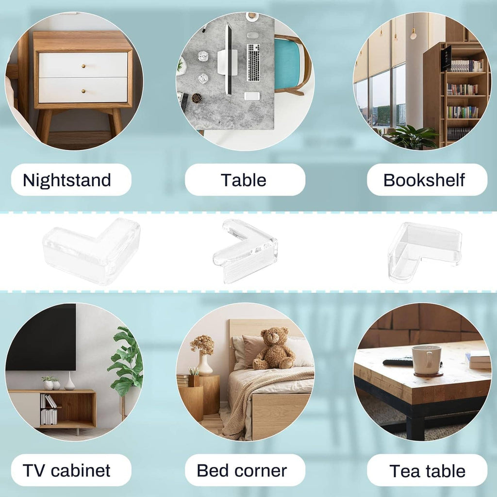 Transparent corner guards for furniture corners like nightstands, tables, and bookshelves