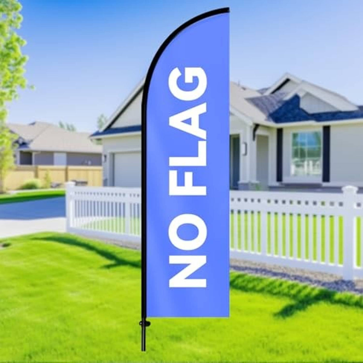 Blue feather flag on black pole anchored with ground spike