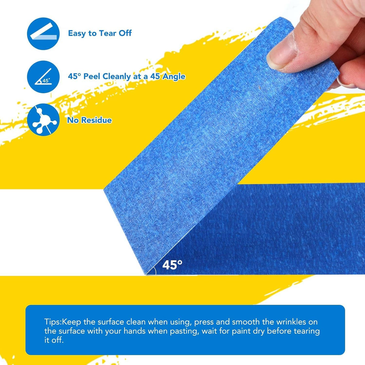 Blue painters tape strip peeling at a 45° angle, no-residue masking tape