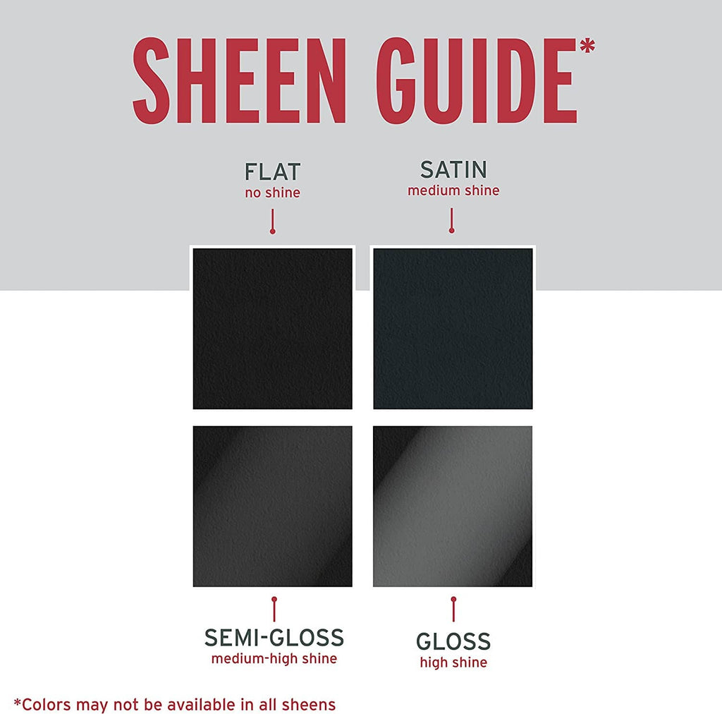Paint sheen guide with flat, satin, semi-gloss, and gloss black sample squares