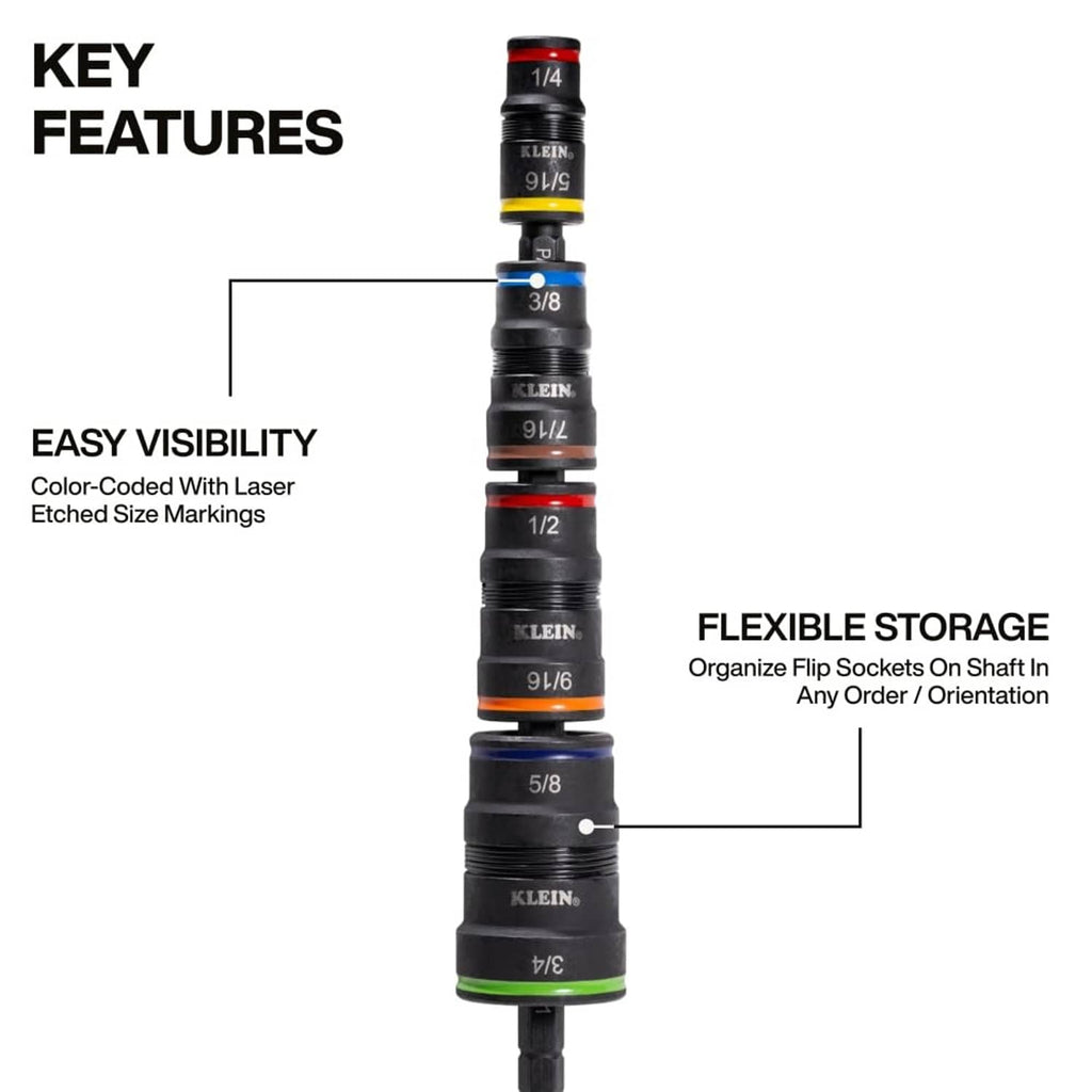 Klein Tools metric impact socket set with stacked flip sockets on a flexible storage shaft