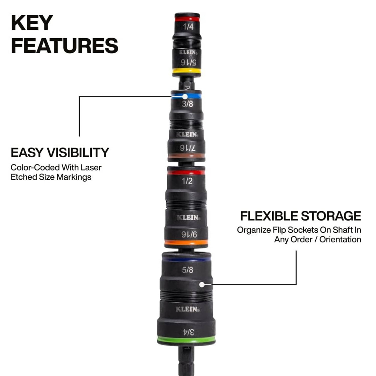 Klein Tools metric impact socket set with stacked flip sockets on a flexible storage shaft