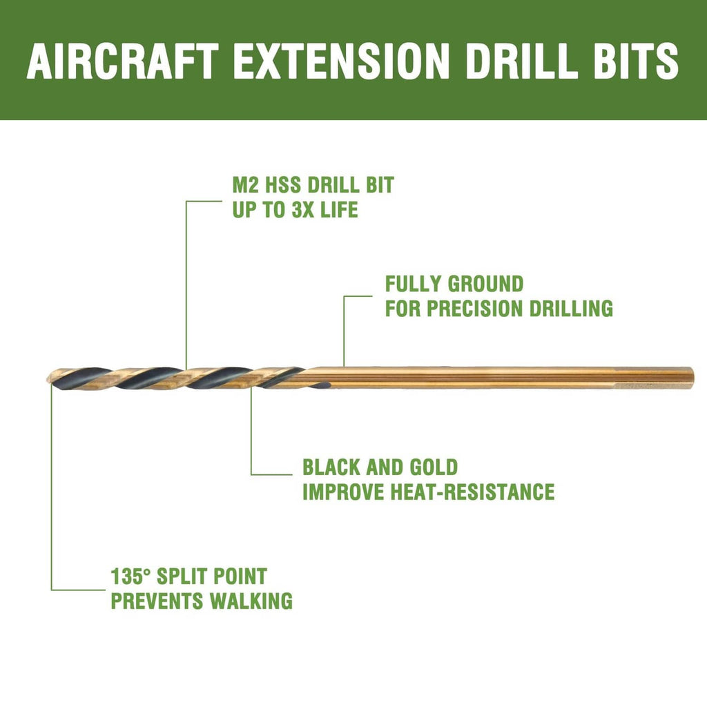 Aircraft extension drill bits diagram with black-and-gold flutes and 135 split point