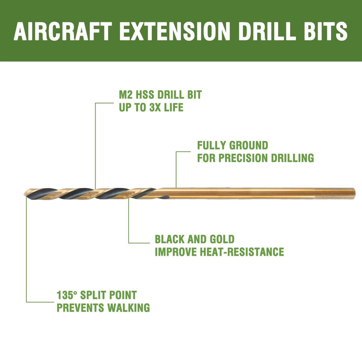 Aircraft extension drill bits diagram with black-and-gold flutes and 135 split point