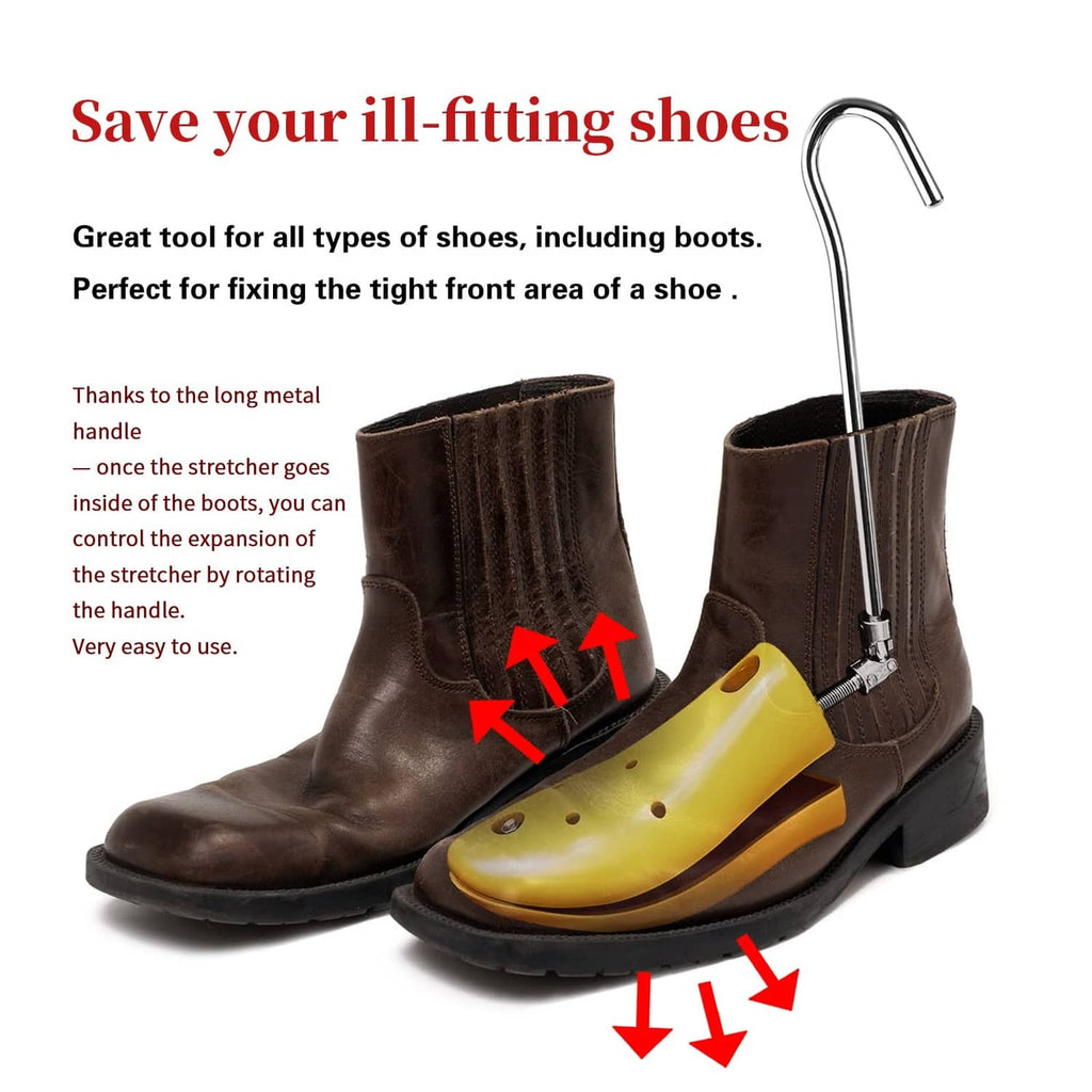 Boot stretcher tool expanded inside a dark brown cowboy boot, with yellow stretcher insert