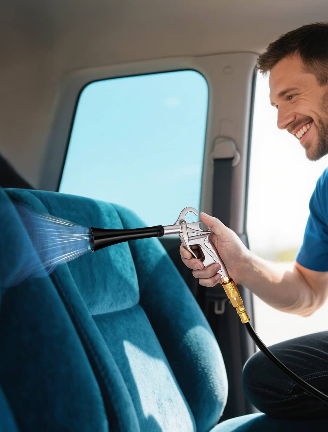 Handheld silver air blower gun aiming at a blue car seat cushion for dry cleaning