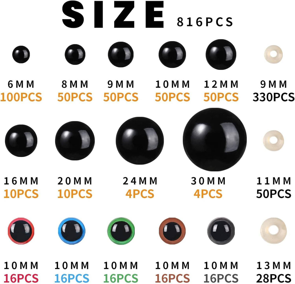 Safety eyes size chart showing 6mm to 30mm counts and matching black eye pieces