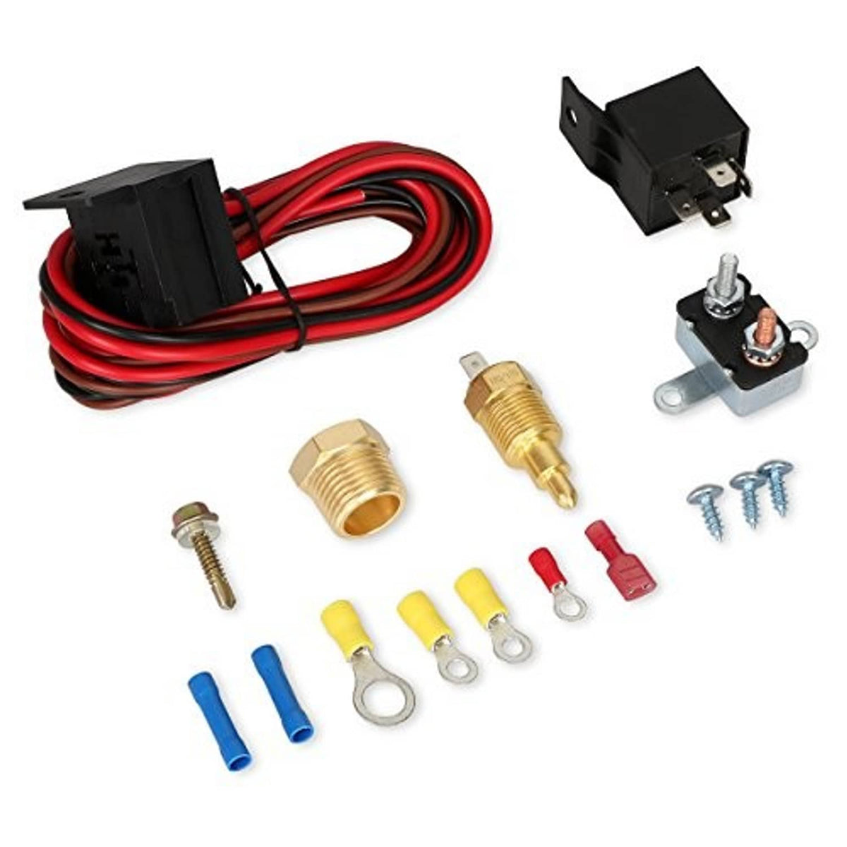 Electric cooling fan thermostat kit components: wire harness, two switches, brass sensor