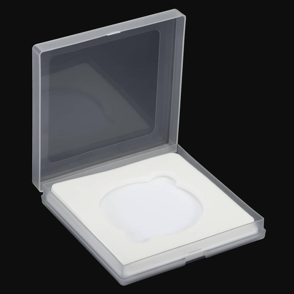 67mm lens filter case opened, showing white foam pad for a single filter