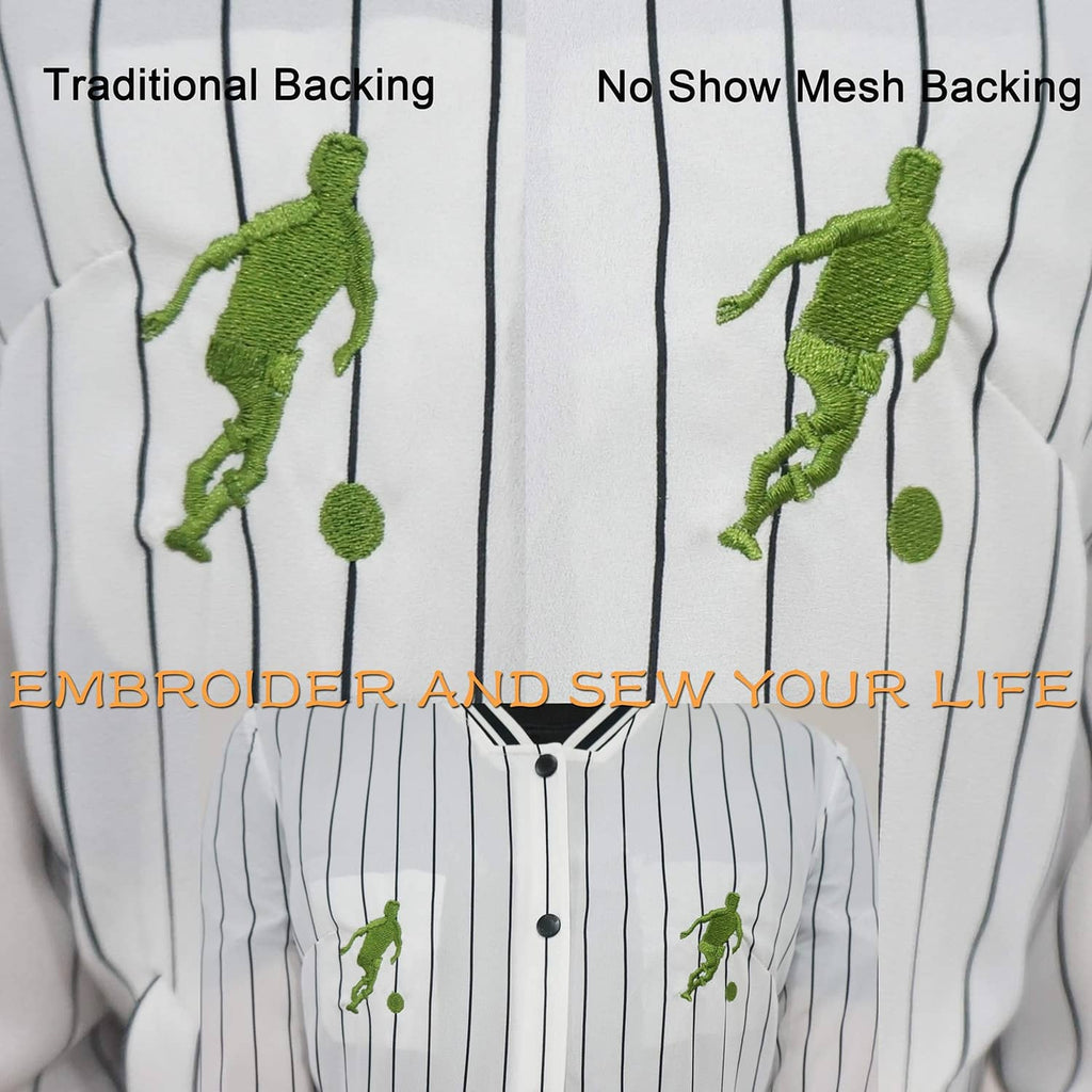 White shirt embroidery comparison, green stitched design with no-show mesh backing