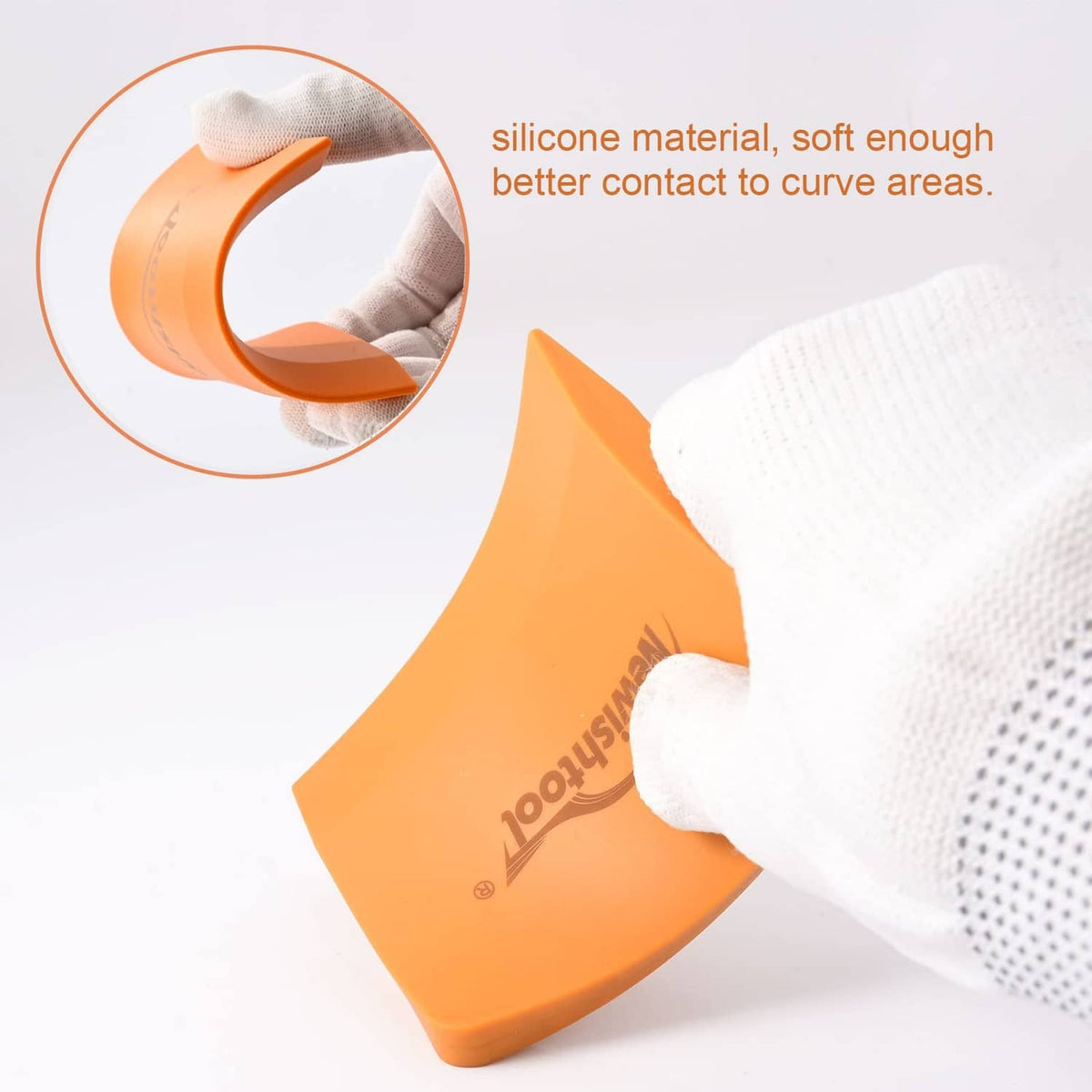 Orange soft silicone squeegee with curved, flexible contour for vinyl and PPF, set of 2.