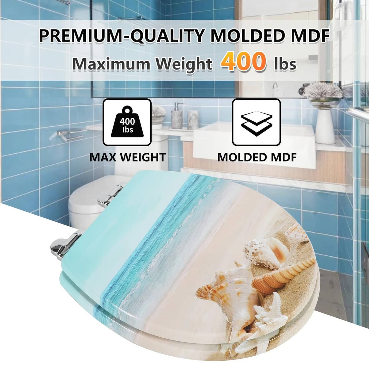Round molded MDF toilet seat with beach shell and ocean graphic