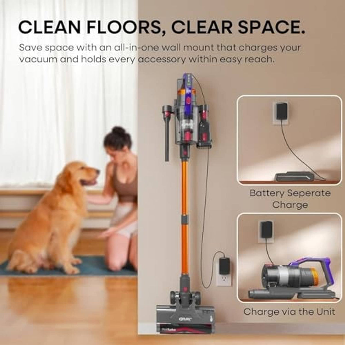 Cordless stick vacuum cleaner with wall mount charging dock and orange wand