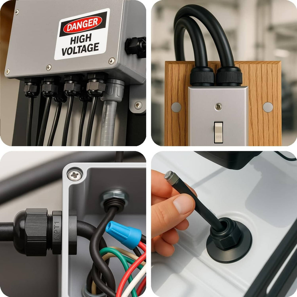 Set of black cord grips for cable entry, shown mounted on electrical box openings