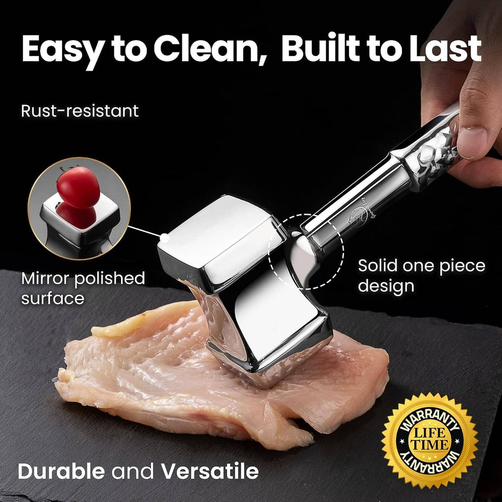 Stainless meat tenderizer mallet with mirror-polished head and solid one-piece design