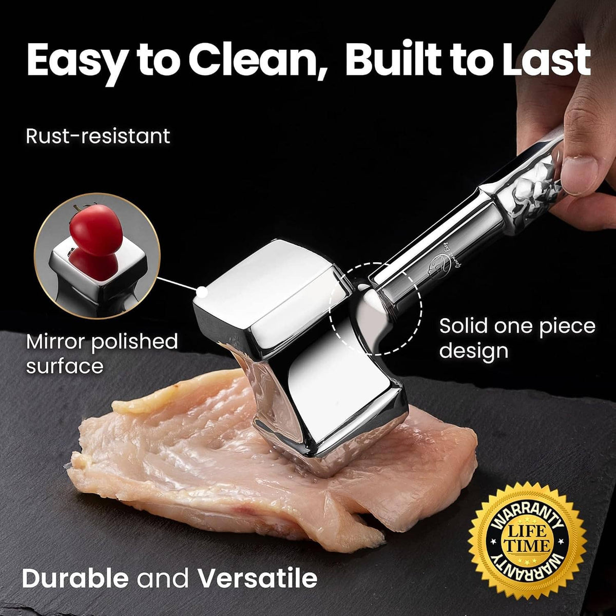 Stainless meat tenderizer mallet with mirror-polished head and solid one-piece design
