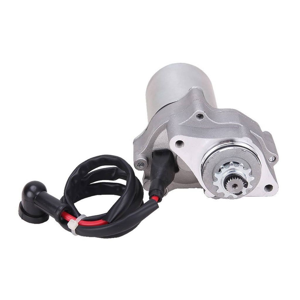 ATV starter motor with mounting housing, black cable and red wire, silver finish