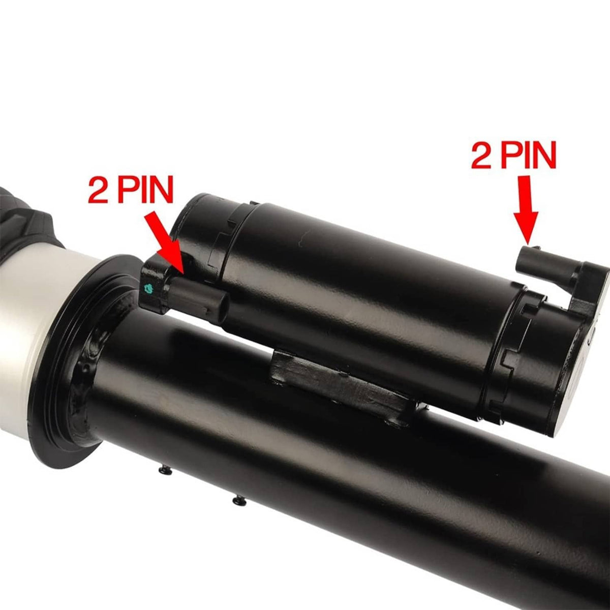 Air suspension shock strut side view showing 2-pin electrical connector and wiring port