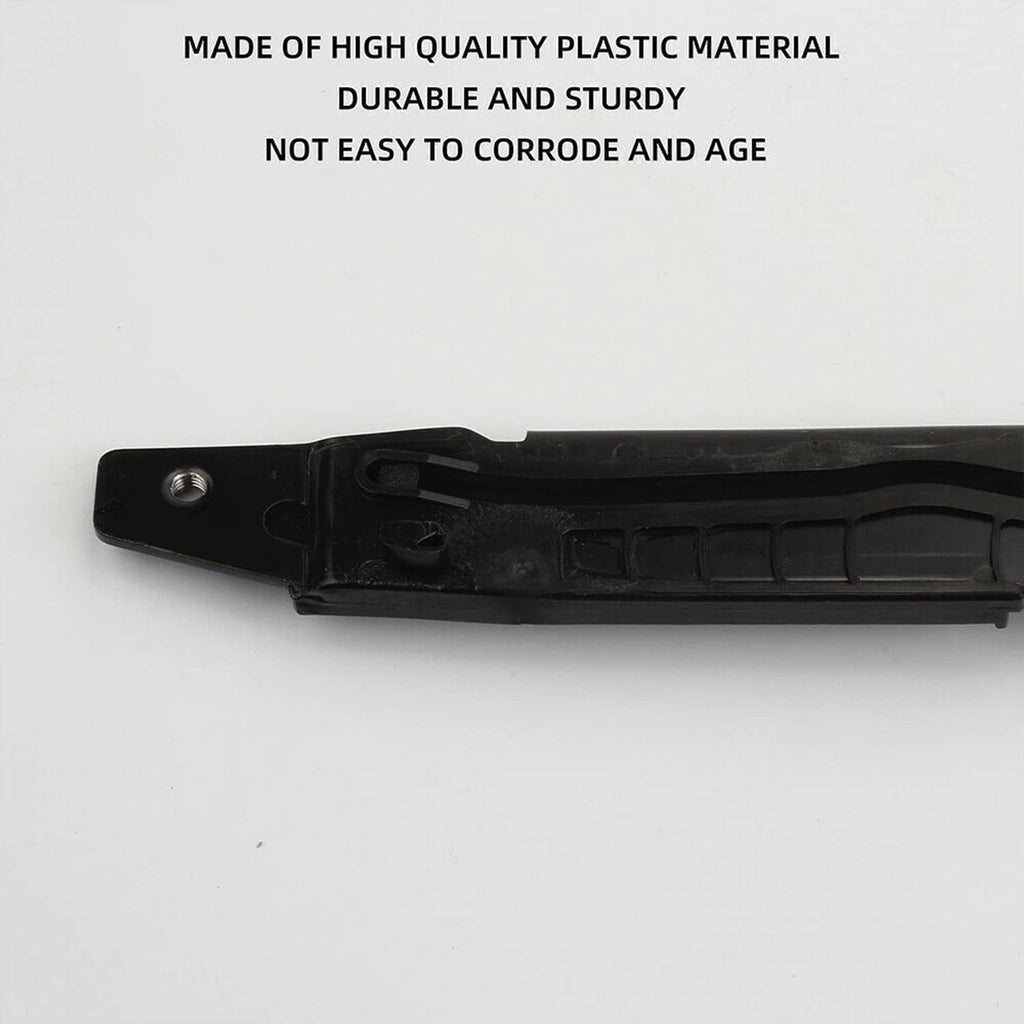 Close-up of black sunroof track guide rail end bracket and mounting hole