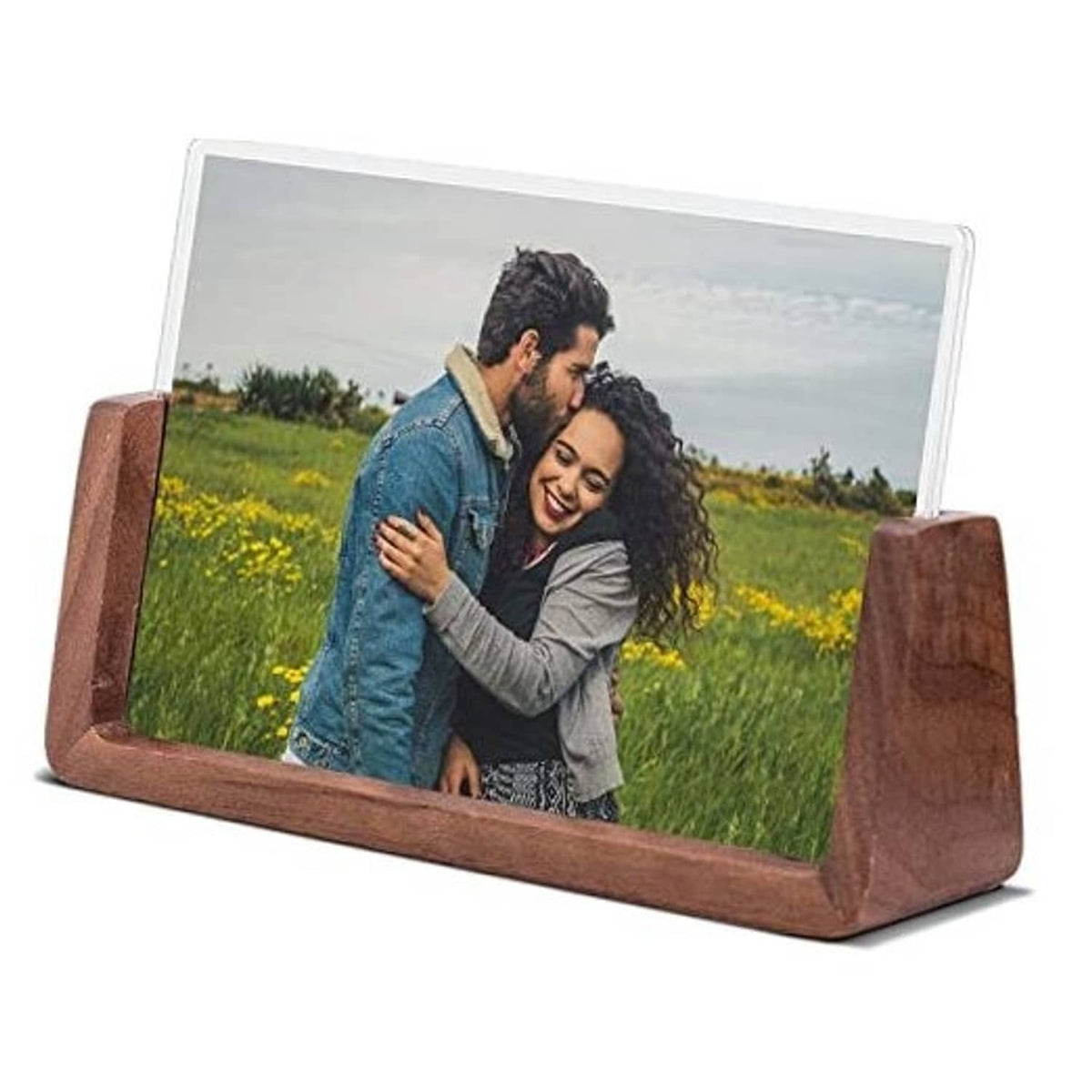 4x6 horizontal rustic wooden photo frame, clear acrylic cover, U-shaped stand