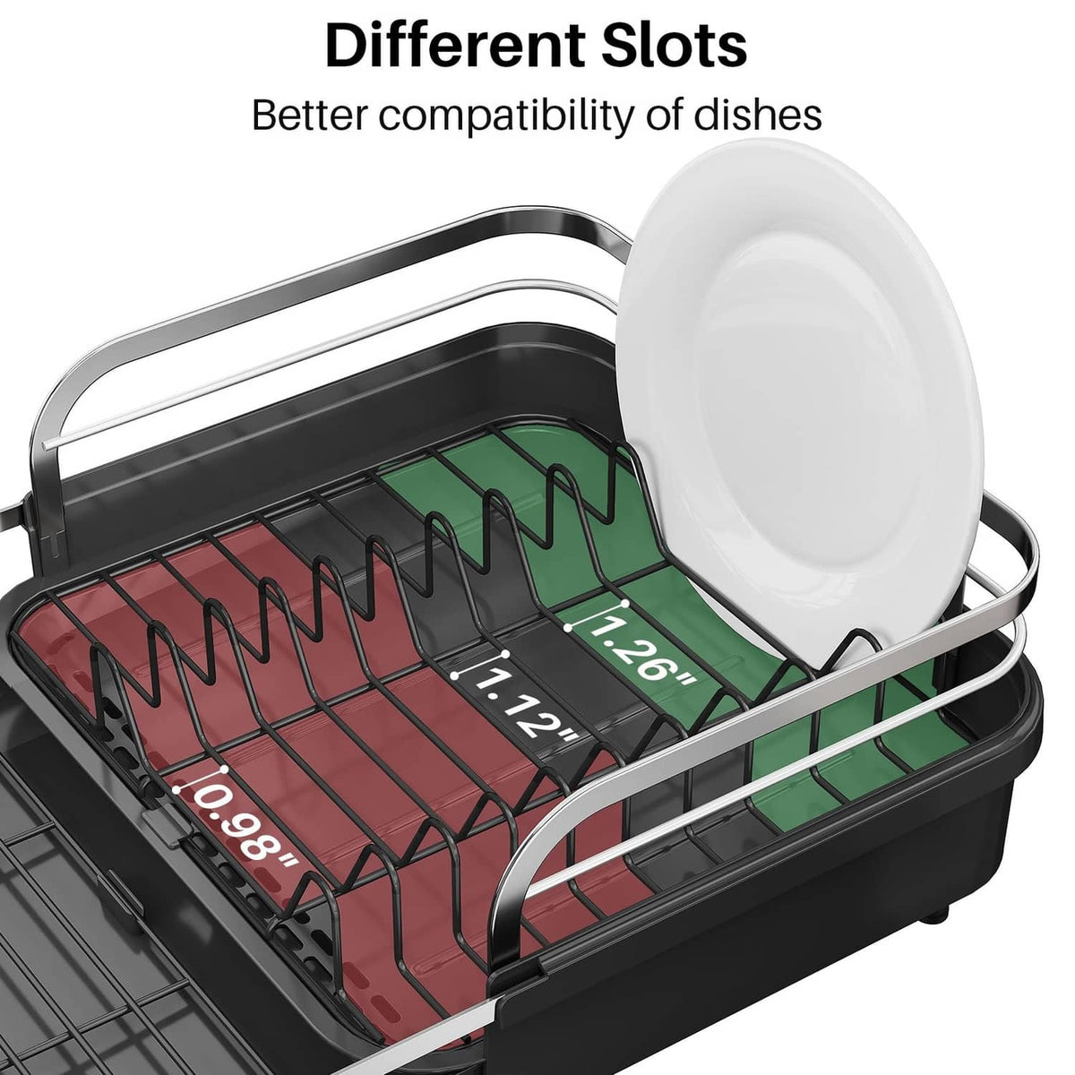 Black dish drying rack with multi-slot wire rack for plates and bowls