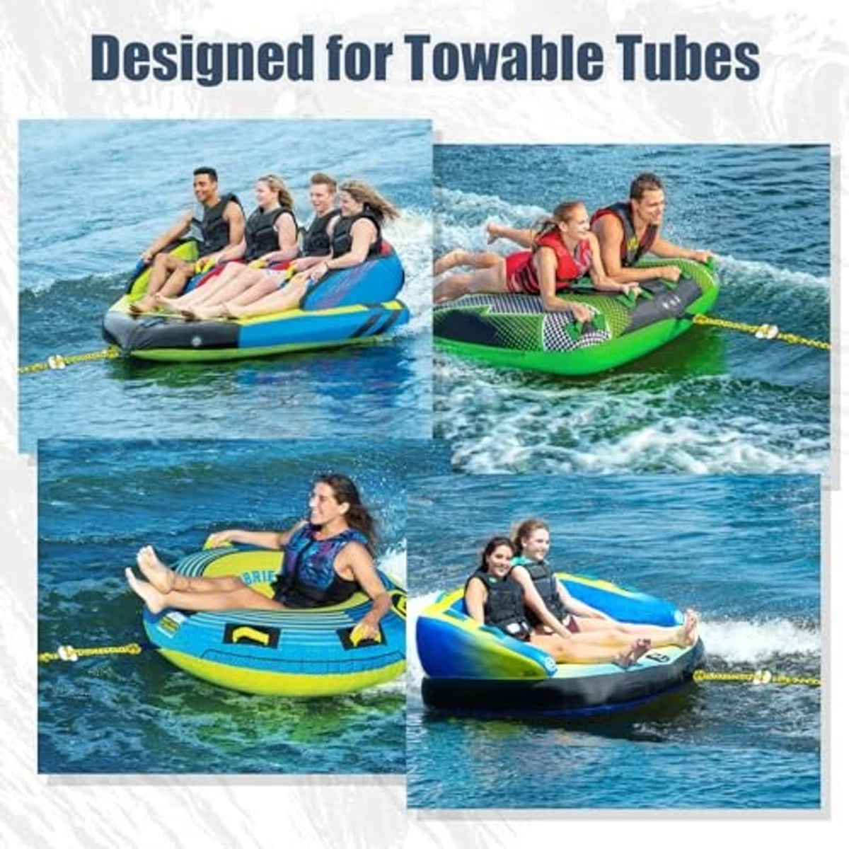 Yellow and black braided tow rope with white connector designed for inflatable tubes