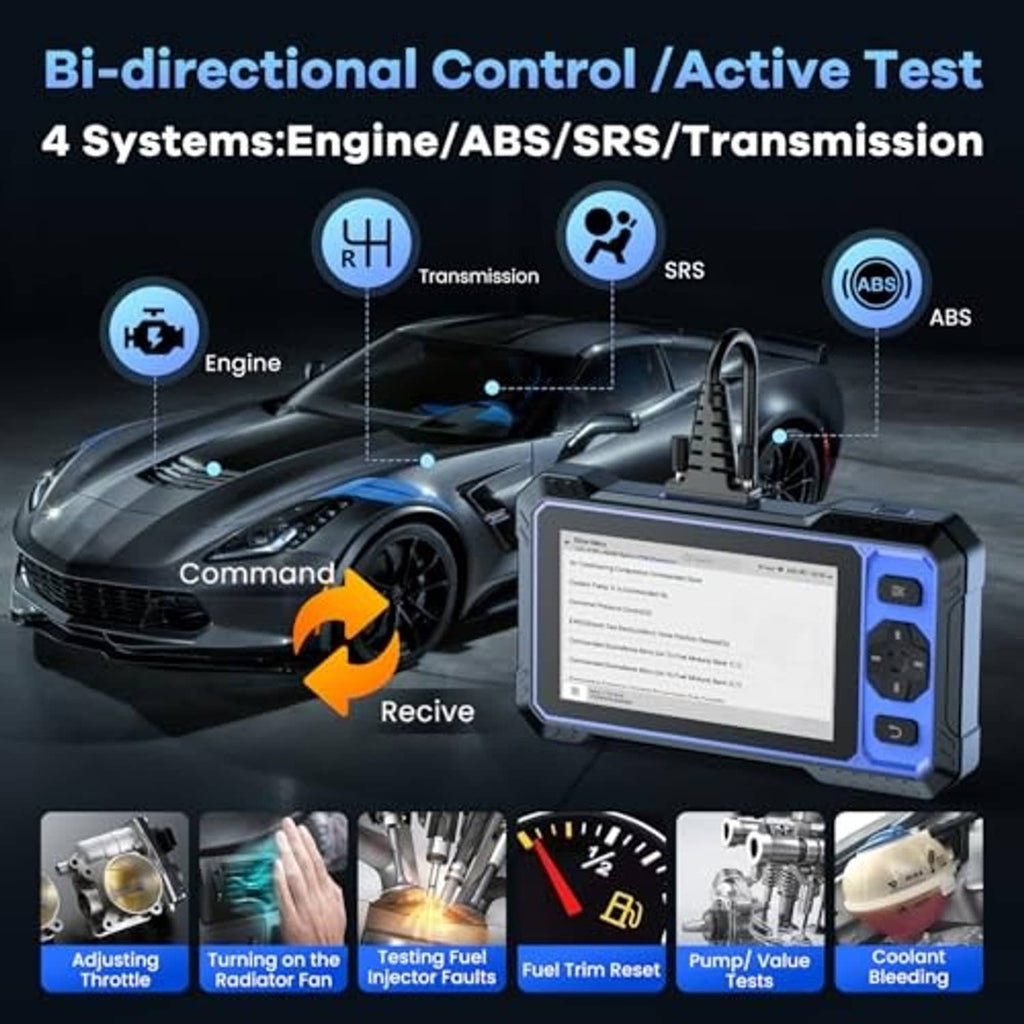 Bi-directional OBD2 scanner with screen showing test control and system icons