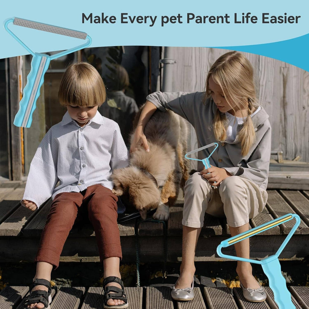Pet hair remover rake being used on a couch by a family with pets nearby