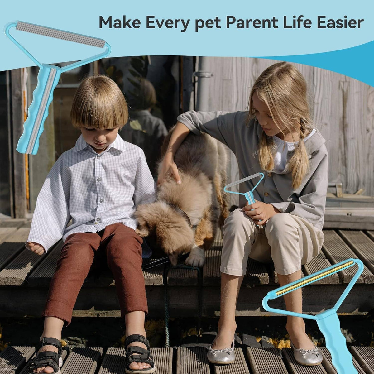 Pet hair remover rake being used on a couch by a family with pets nearby