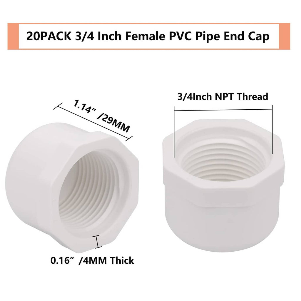 White 3/4 inch PVC female end cap with NPT thread opening