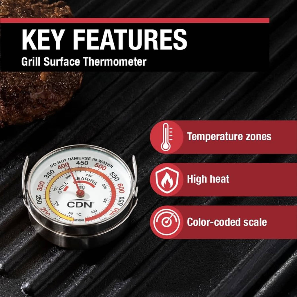 Grill surface thermometer on grill grates with color-coded temperature zone markings