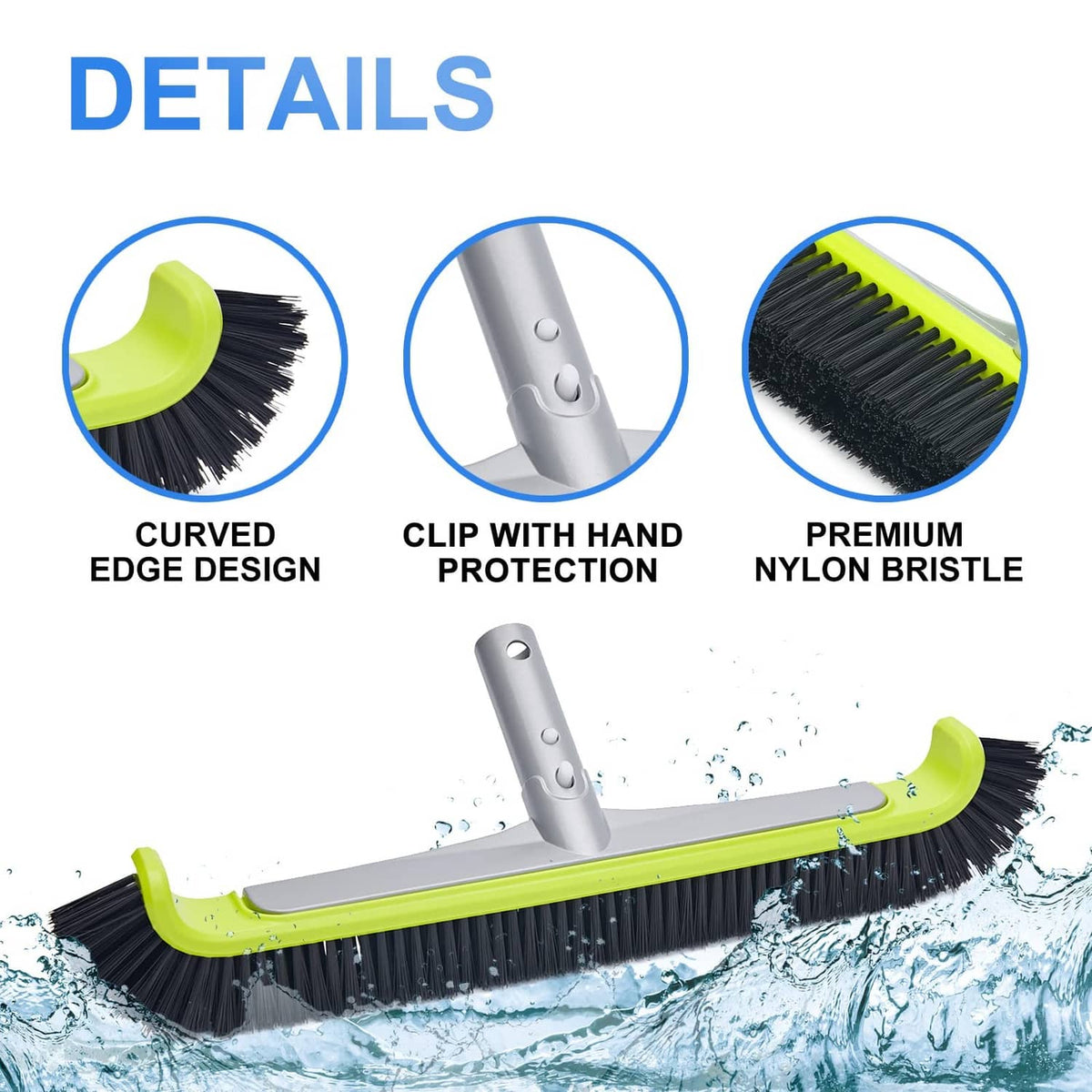 Pool brush with curved edge and premium black nylon bristles on lime green frame