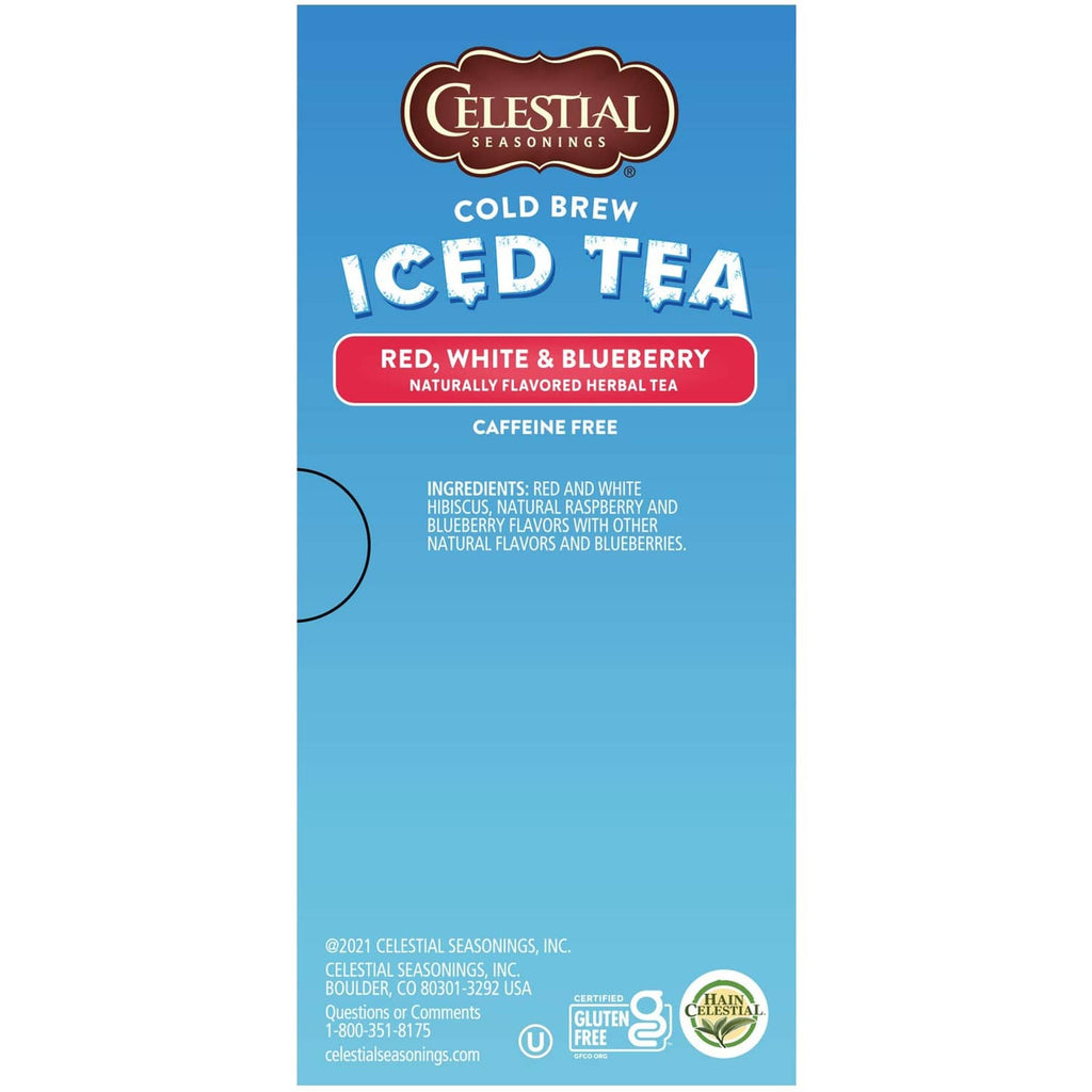 Celestial cold brew iced tea box panel labeled caffeine free, red white & blueberry