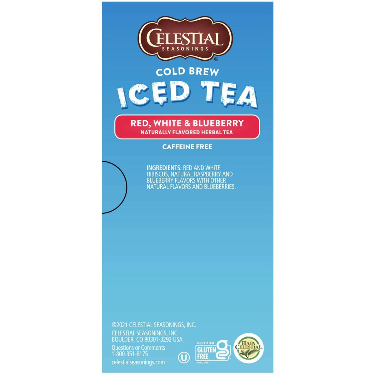Celestial cold brew iced tea box panel labeled caffeine free, red white & blueberry