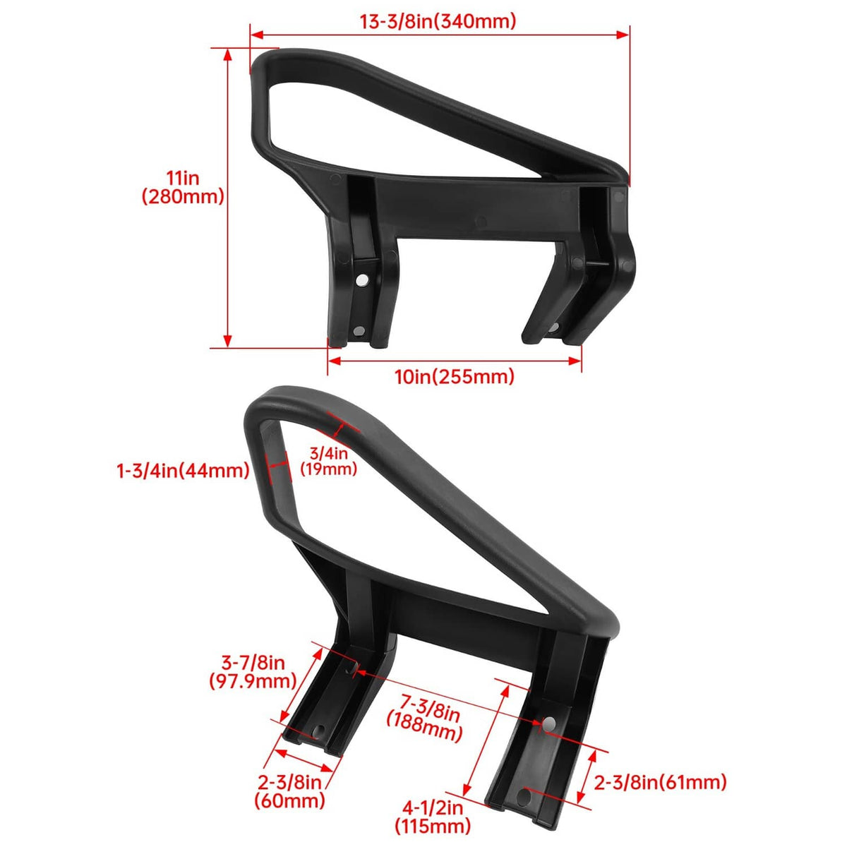 Black plastic golf cart seat armrest/hip restraint bracket with size diagram