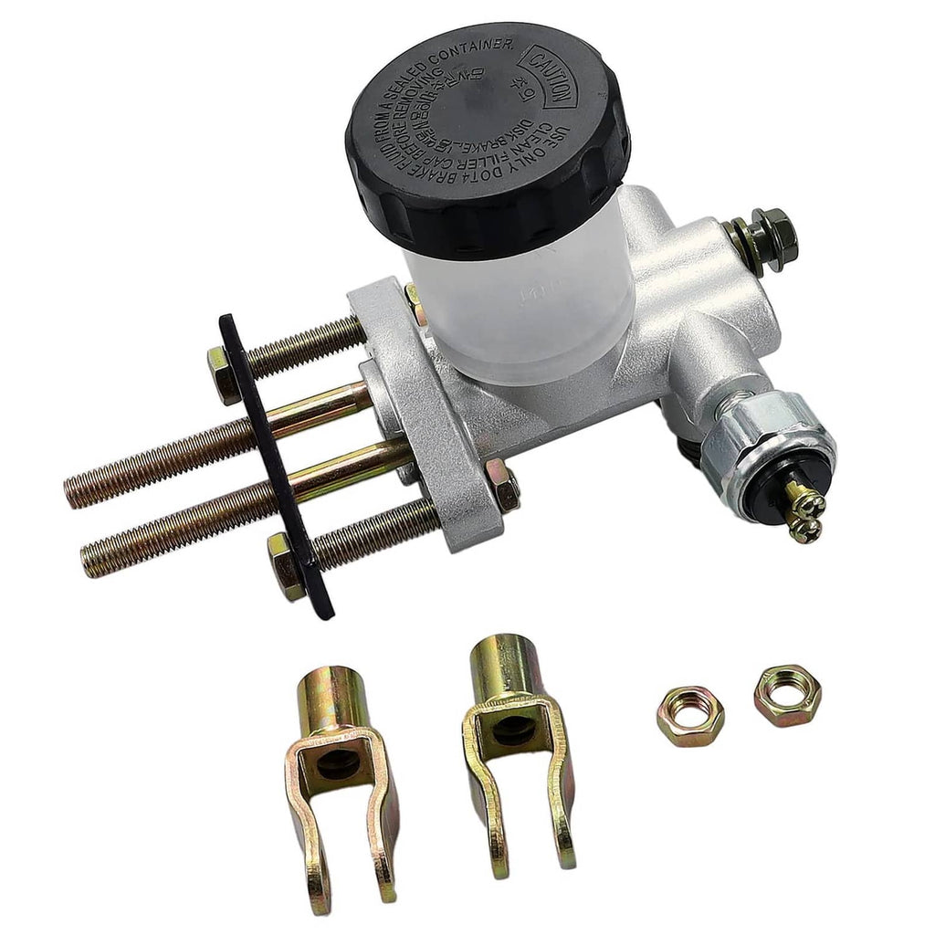 Hydraulic brake master cylinder with black reservoir cap and silver mounting bracket