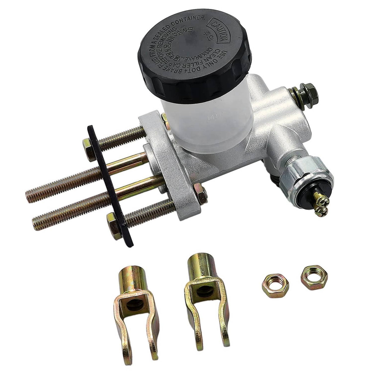 Hydraulic brake master cylinder with black reservoir cap and silver mounting bracket