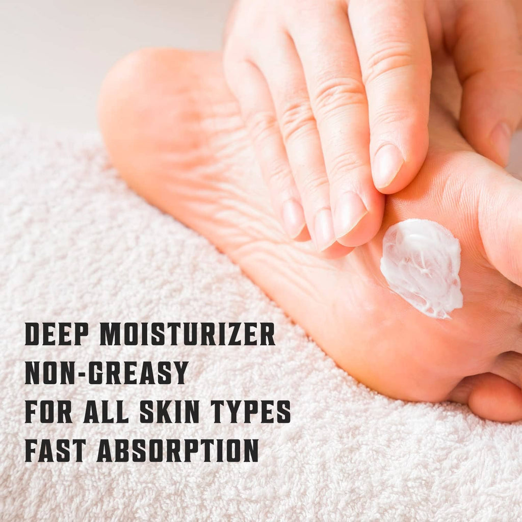 Hand applying white foot cream to heel on a towel; deep moisturizing, fast-absorbing