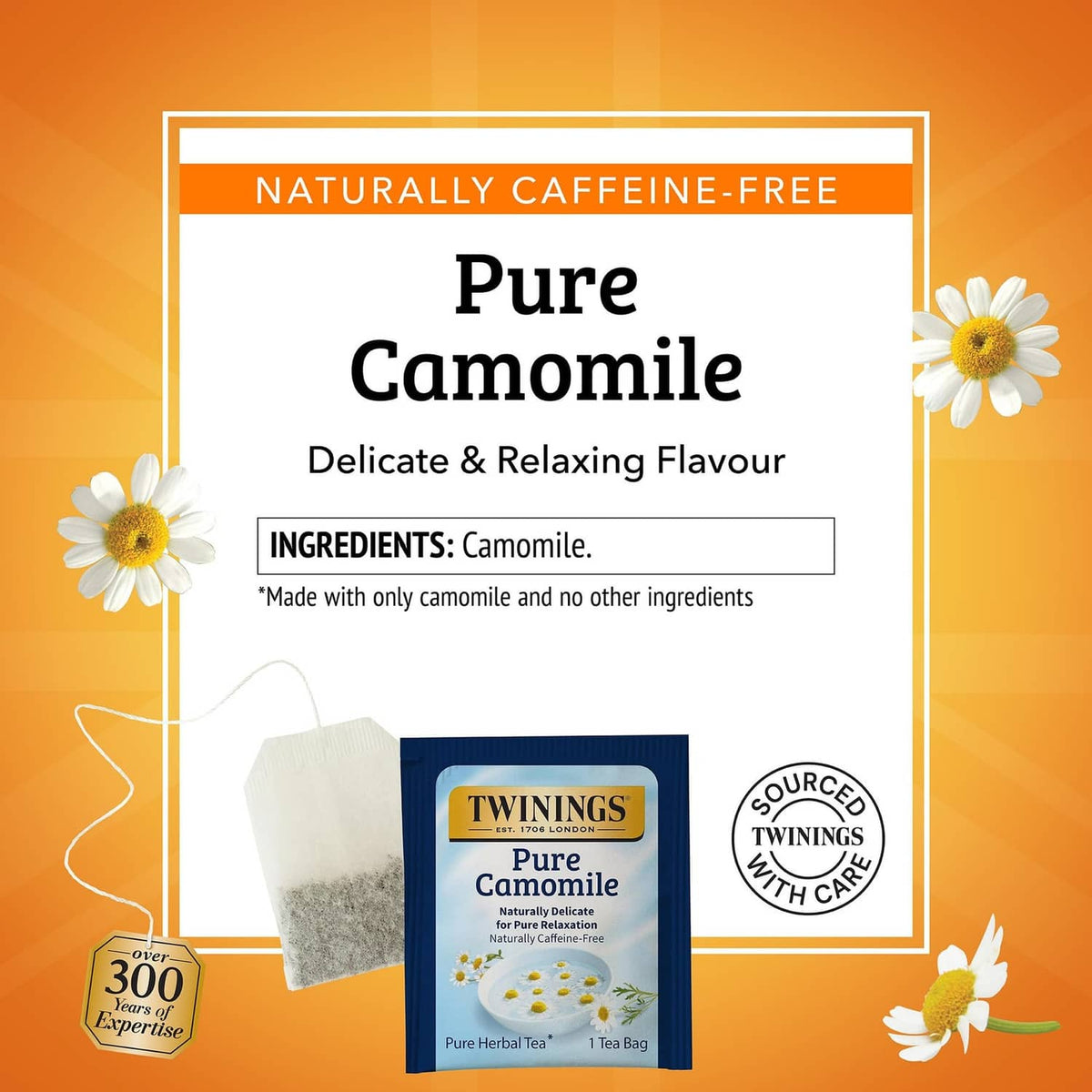 Naturally caffeine-free Pure Camomile tea box with ingredients and tea bag design
