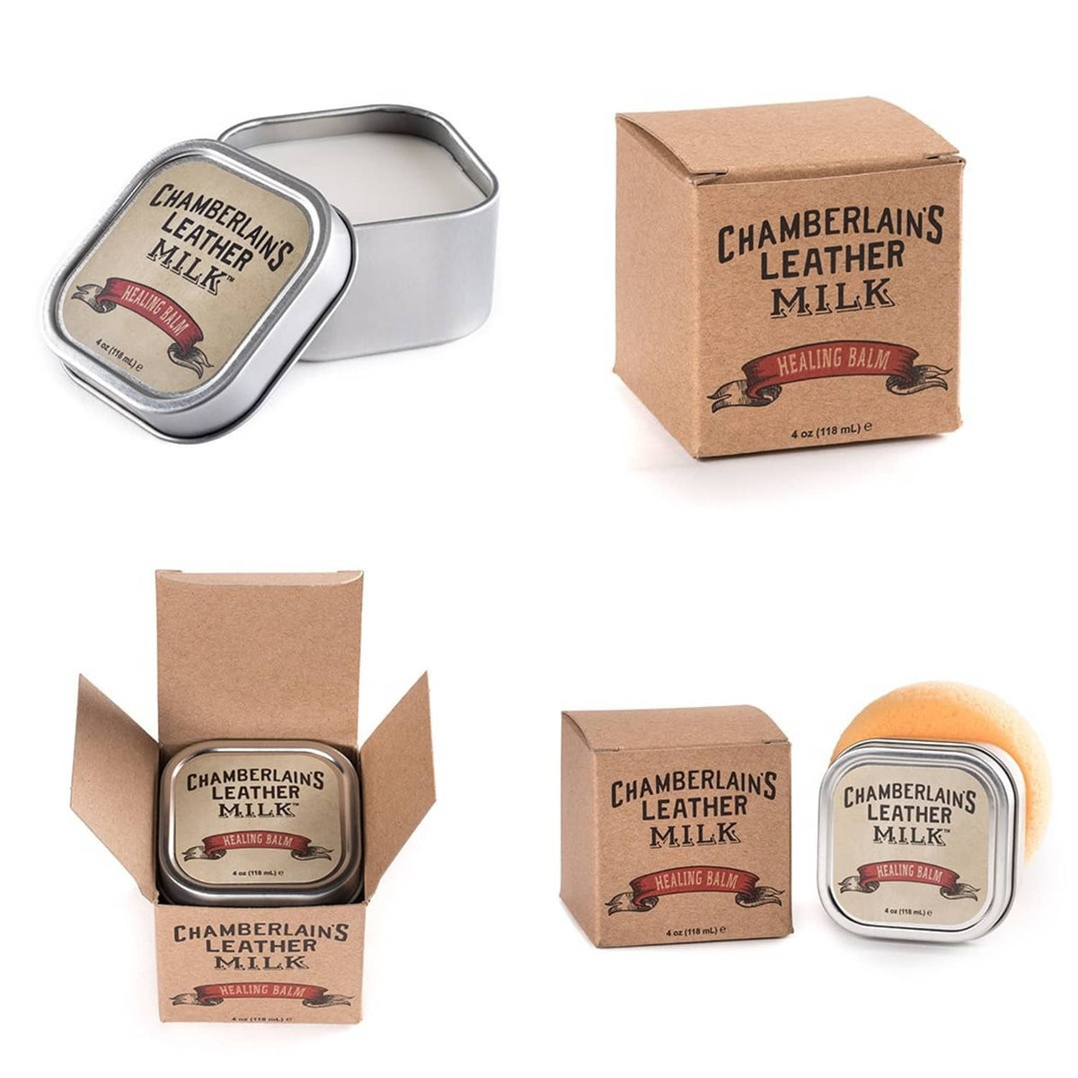 Chamberlain's Leather Milk leather healing balm in metal tin and cardboard box