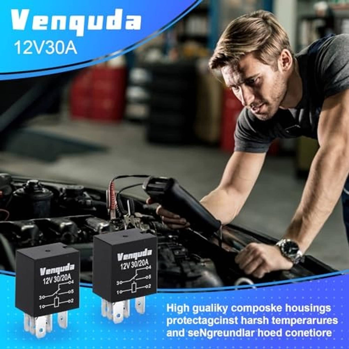 Black 5-pin 12V automotive relay with mounting pins, in a vehicle engine bay