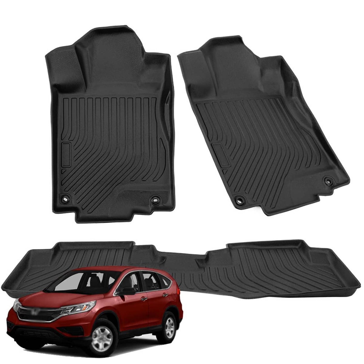 Black floor mat liners with textured grip surface, molded channels and anchor nubs